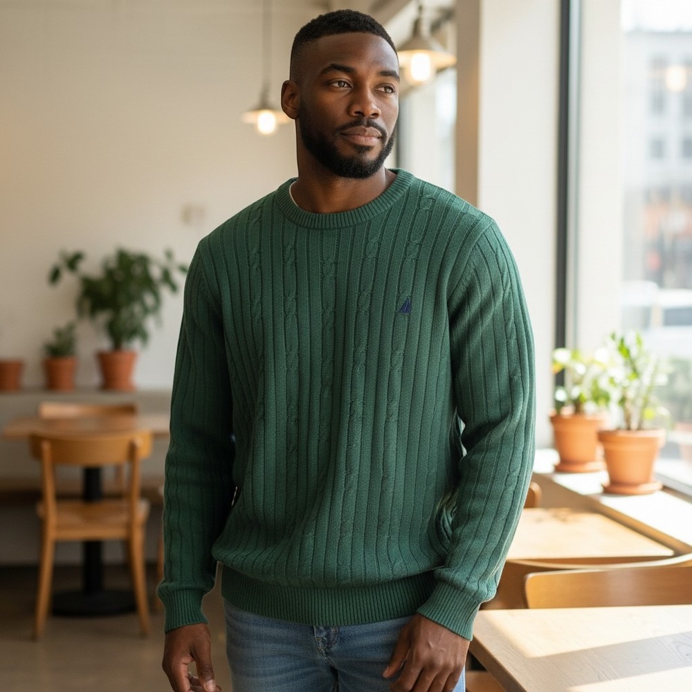 Nautica Cable Knit Sweater XXL Green Excellent 100% Cotton Crew Neck Pullover